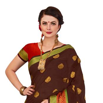 Brown woven cotton silk saree with blouse 2