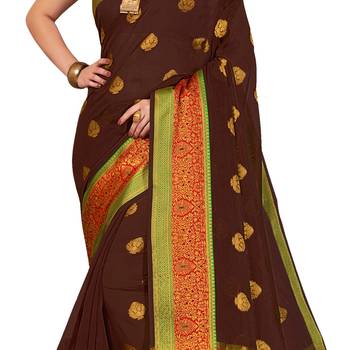 Brown woven cotton silk saree with blouse 4