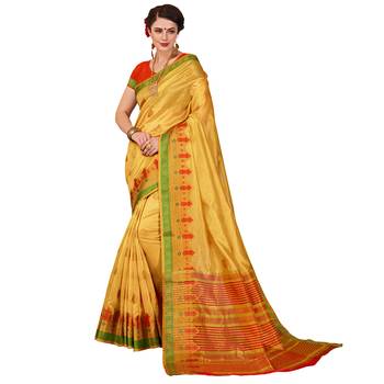 Golden woven cotton silk saree with blouse 1