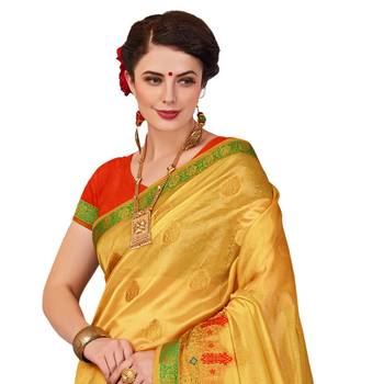 Golden woven cotton silk saree with blouse 2