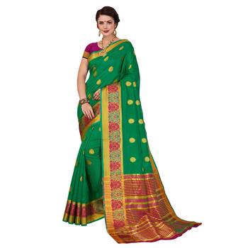 Green woven cotton silk saree with blouse 1