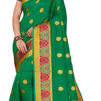 Green woven cotton silk saree with blouse 4