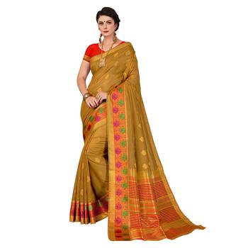 Beige woven cotton silk saree with blouse 1