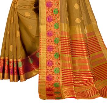 Beige woven cotton silk saree with blouse 3