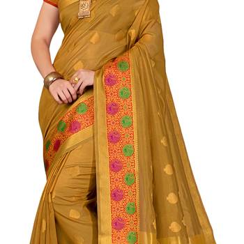 Beige woven cotton silk saree with blouse 4