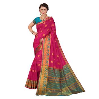 Pink woven cotton silk saree with blouse 1