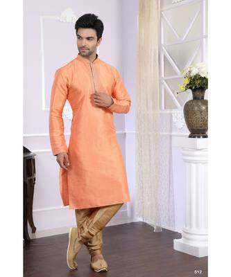 orange printed cotton silk kurta pajama 1