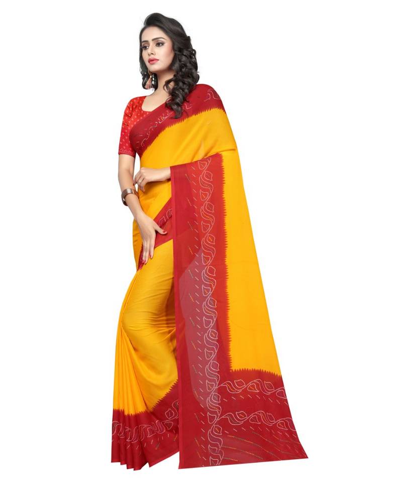 Yellow printed Georgette saree with blouse