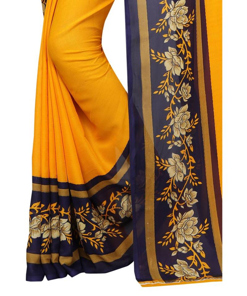 Yellow printed Georgette saree with blouse