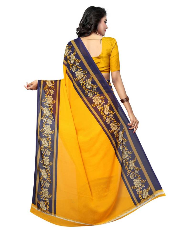 Yellow printed Georgette saree with blouse