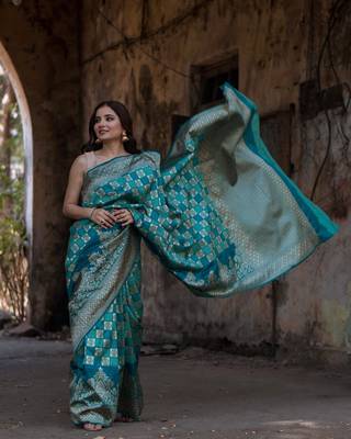 sky blue Banarasi silk saree 1