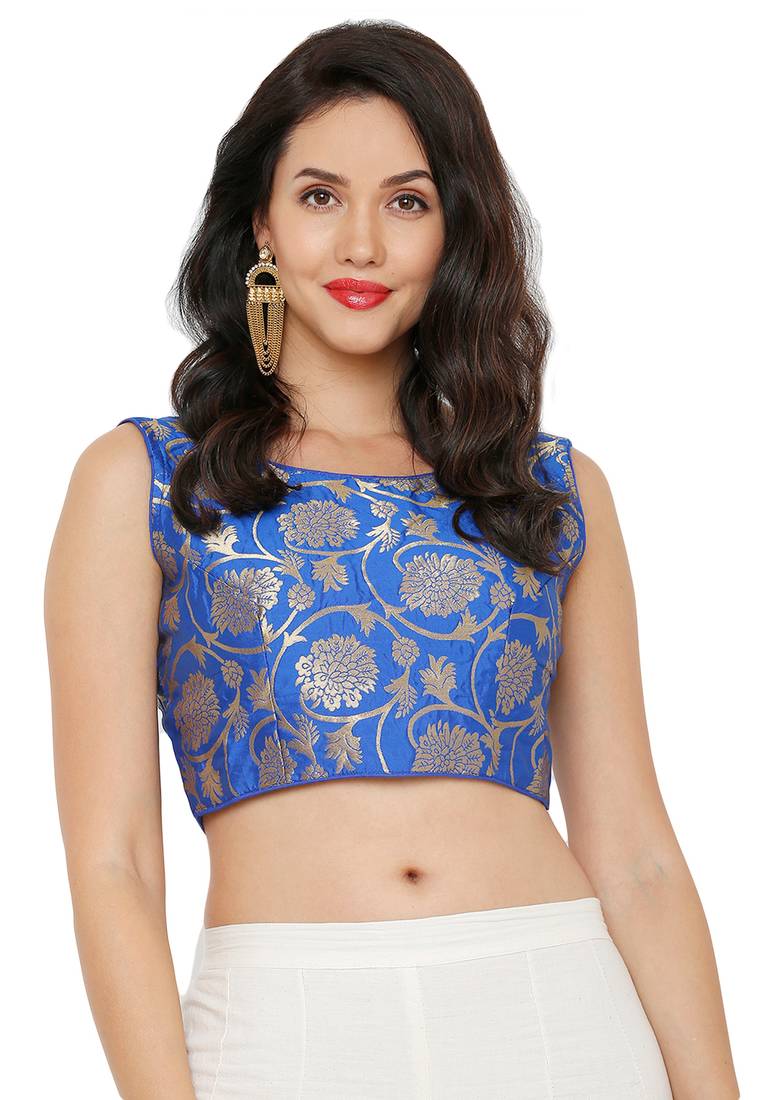 Women's Royal Blue Cotton Silk Readymade Saree Blouse