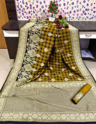 Yellow color Banarasi silk saree 1