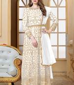 White embroidered net semi stitched salwar with dupatta