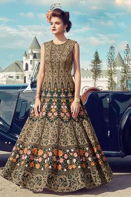 Partywear Designer Golden Green Heavy Soft Banglori Silk Partywear Suit 1