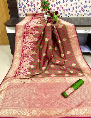 Pink and Green color Banarasi silk saree 1
