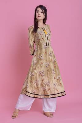 Olive Green Jaipur Printed Cotton Embroidered A-Line Long Kurta 1
