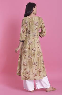 Olive Green Jaipur Printed Cotton Embroidered A-Line Long Kurta 2