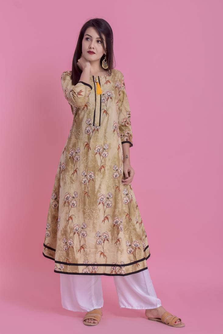 Olive Green Jaipur Printed Cotton Embroidered A-Line Long Kurta