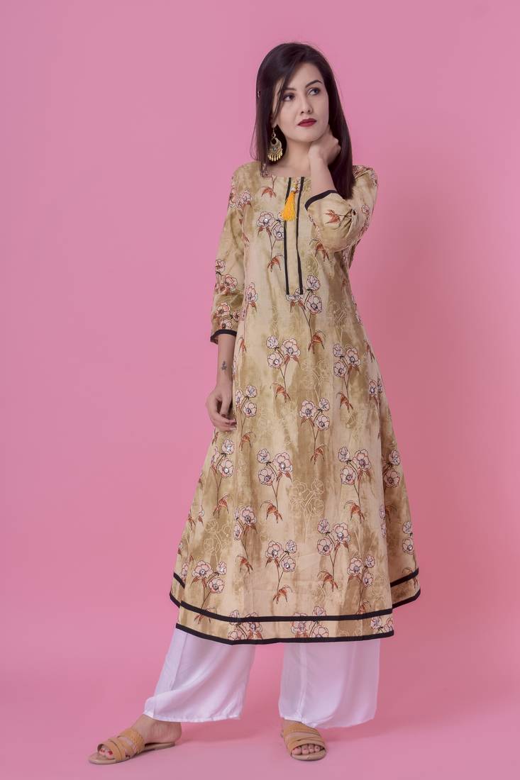 Olive Green Jaipur Printed Cotton Embroidered A-Line Long Kurta