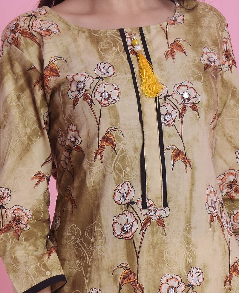 Olive Green Jaipur Printed Cotton Embroidered A-Line Long Kurta