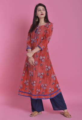 Red Jaipur Printed Cotton Embroidered A-Line Long Kurta 1