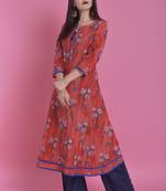 Red Jaipur Printed Cotton Embroidered A-Line Long Kurta