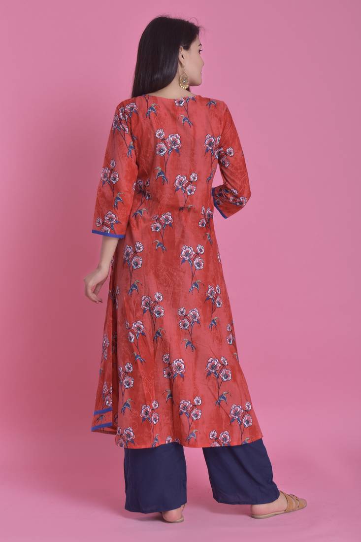Red Jaipur Printed Cotton Embroidered A-Line Long Kurta