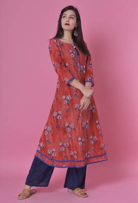 Red Jaipur Printed Cotton Embroidered A-Line Long Kurta 3