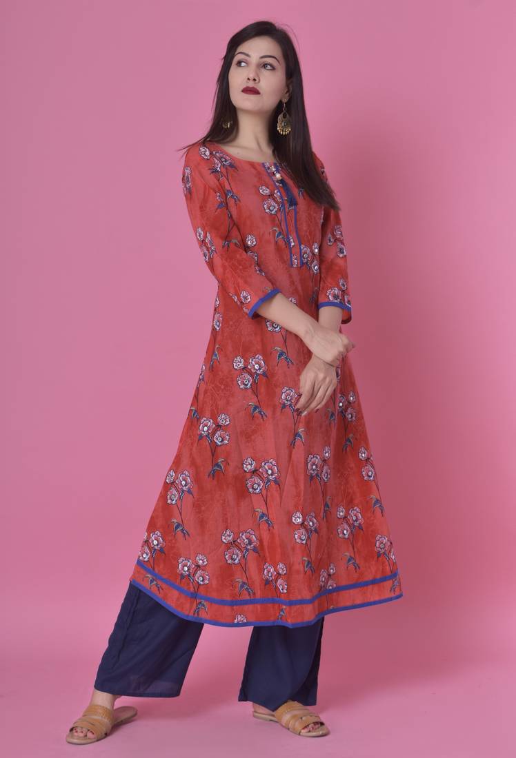 Red Jaipur Printed Cotton Embroidered A-Line Long Kurta