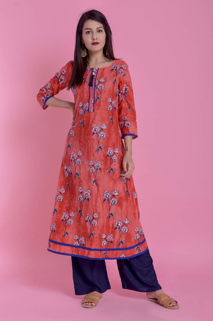 Red Jaipur Printed Cotton Embroidered A-Line Long Kurta