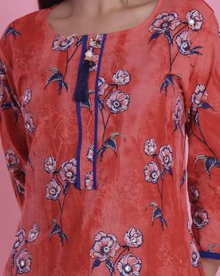 Red Jaipur Printed Cotton Embroidered A-Line Long Kurta 5