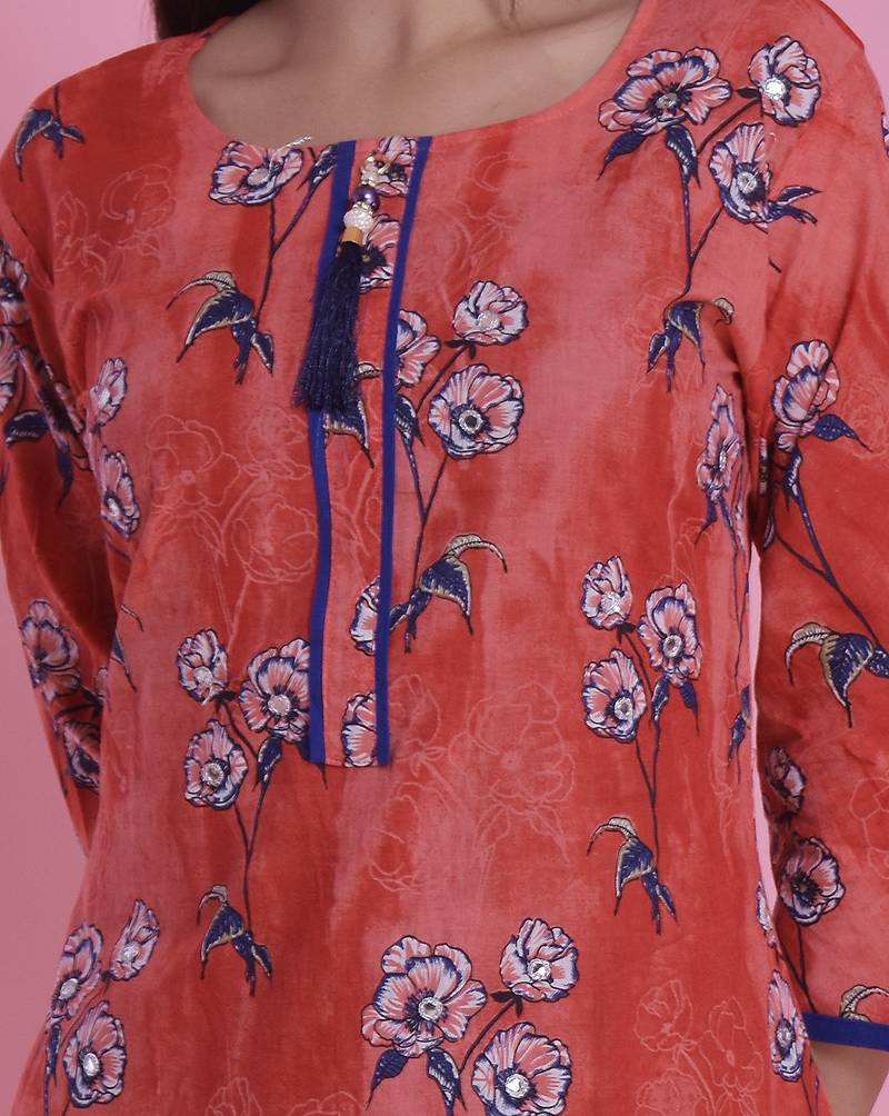 Red Jaipur Printed Cotton Embroidered A-Line Long Kurta