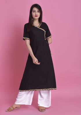 Black Ari Embroidered Cotton Slub Anghrakha Long Kurta 1