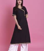 Black Ari Embroidered Cotton Slub Anghrakha Long Kurta