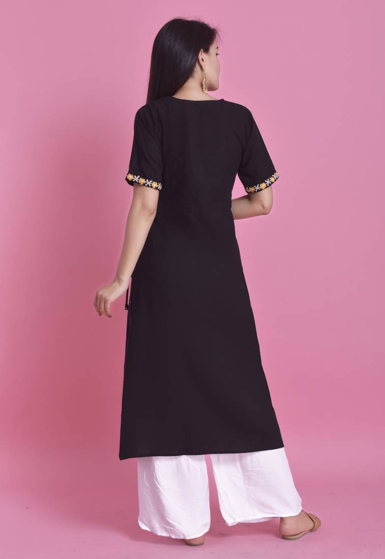 Black Ari Embroidered Cotton Slub Anghrakha Long Kurta