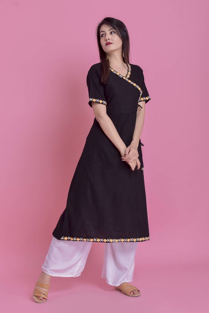 Black Ari Embroidered Cotton Slub Anghrakha Long Kurta