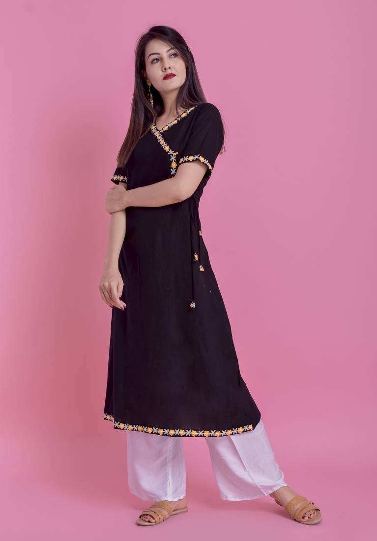 Black Ari Embroidered Cotton Slub Anghrakha Long Kurta