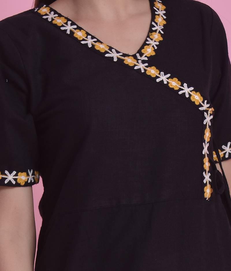 Black Ari Embroidered Cotton Slub Anghrakha Long Kurta