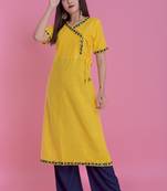 Yellow Ari Embroidered Cotton Slub Anghrakha Long Kurta