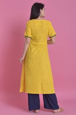 Yellow Ari Embroidered Cotton Slub Anghrakha Long Kurta 2