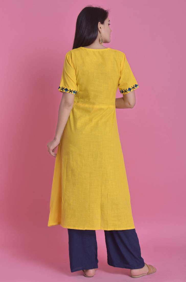 Yellow Ari Embroidered Cotton Slub Anghrakha Long Kurta