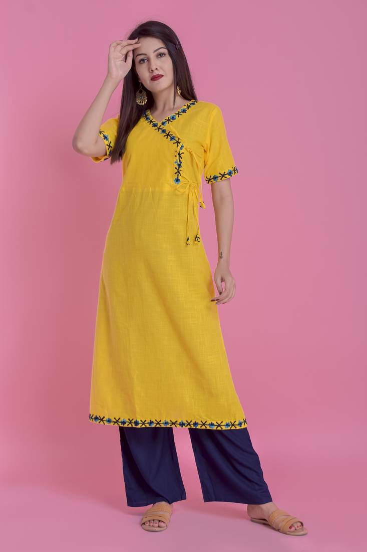Yellow Ari Embroidered Cotton Slub Anghrakha Long Kurta