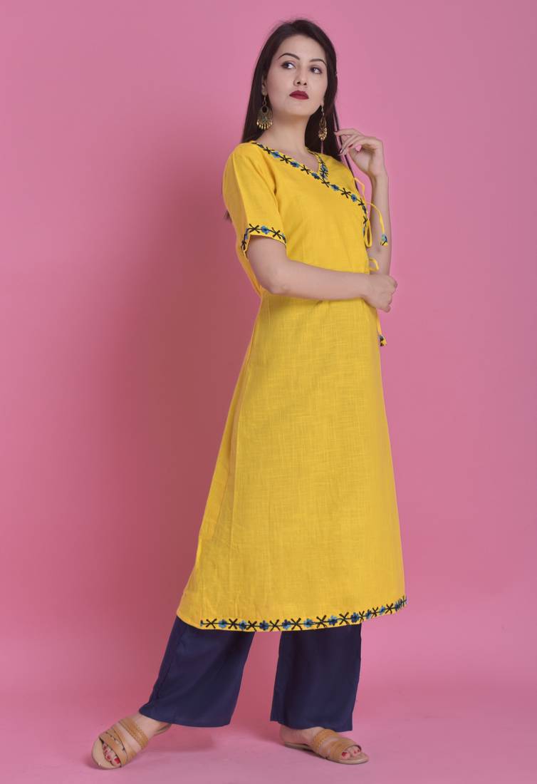 Yellow Ari Embroidered Cotton Slub Anghrakha Long Kurta