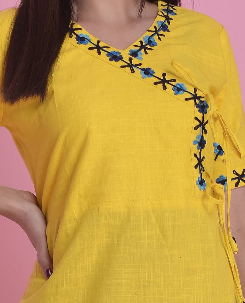 Yellow Ari Embroidered Cotton Slub Anghrakha Long Kurta