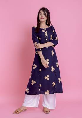 Navy Blue Gold Printed Rayon Emblished A-Line Long Kurta 1