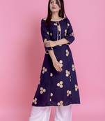 Navy Blue Gold Printed Rayon Emblished A-Line Long Kurta