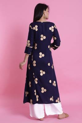 Navy Blue Gold Printed Rayon Emblished A-Line Long Kurta 2