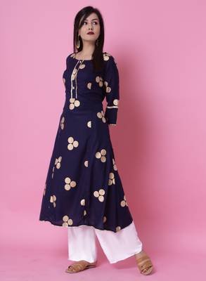 Navy Blue Gold Printed Rayon Emblished A-Line Long Kurta 3