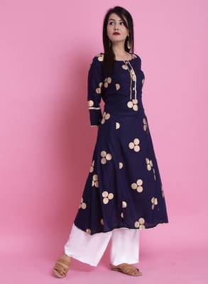 Navy Blue Gold Printed Rayon Emblished A-Line Long Kurta 4